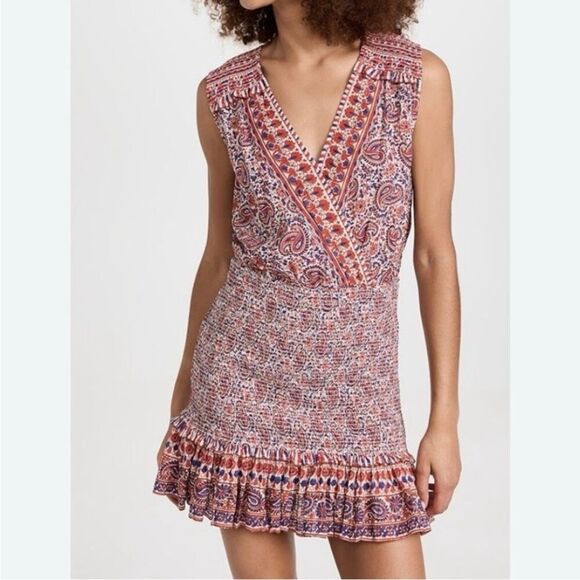 Veronica Beard Dresses & Skirts - Veronica Beard Floral Paisley Cox Mini Dress Red Blue Medium Smocked V-Neck.NWT.